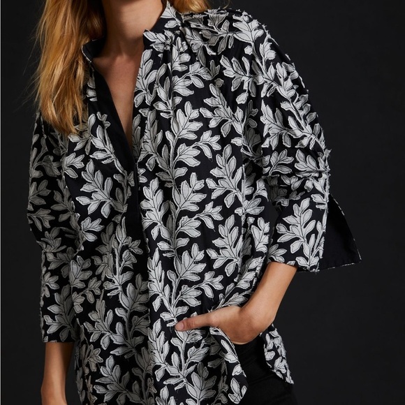 by Anthropologie Popover Blouse Top Black Grey Nwt NEW ANTHRO boho embroidered - Picture 3 of 7